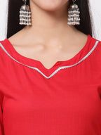 Myshka Red Cotton Solid 3/4 Sleeve Square Neck Casual Kurta Pant Dupatta Set | Grocsy
