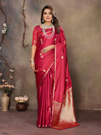 Joban Fashion Red Floral & Botanical Motifs Satin Silk Banarasi Silk Saree | Grocsy