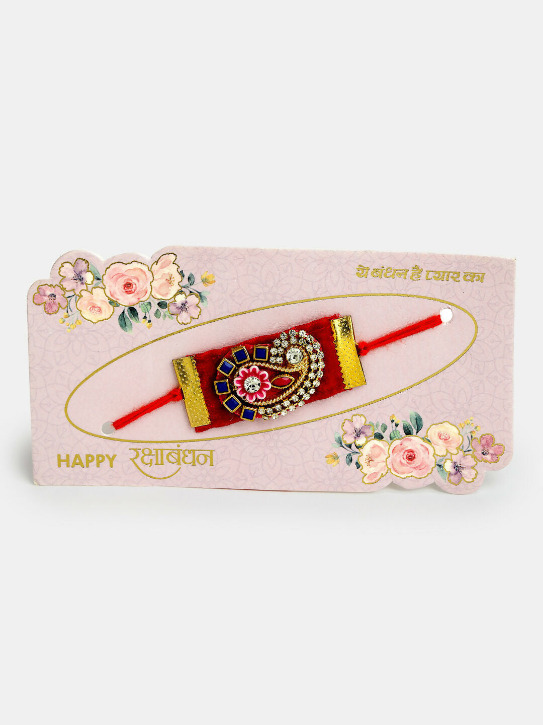 NVR Men Red Stone-Studded Rakhi With Roli Chawal & Chocolate | Grocsy