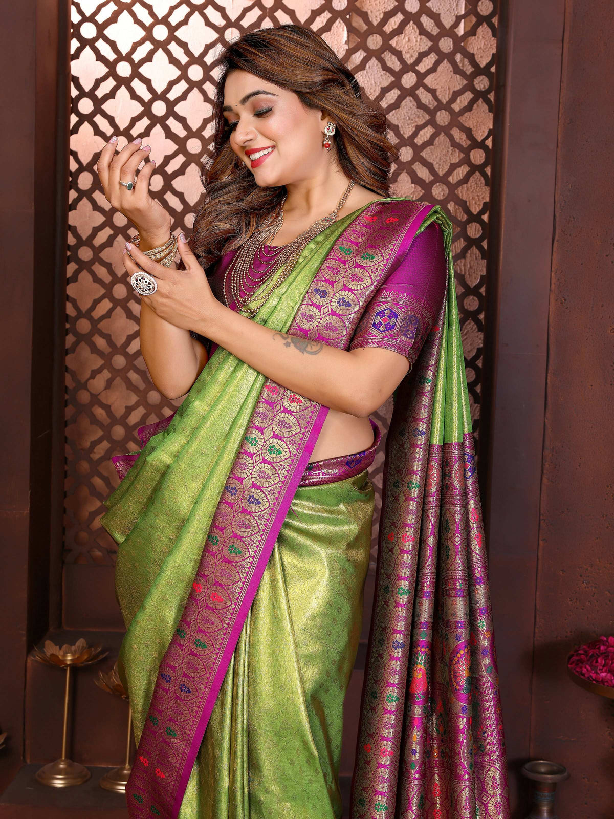 Aastha Fashion Green Tissue Silk Weaving Saree | Grocsy
