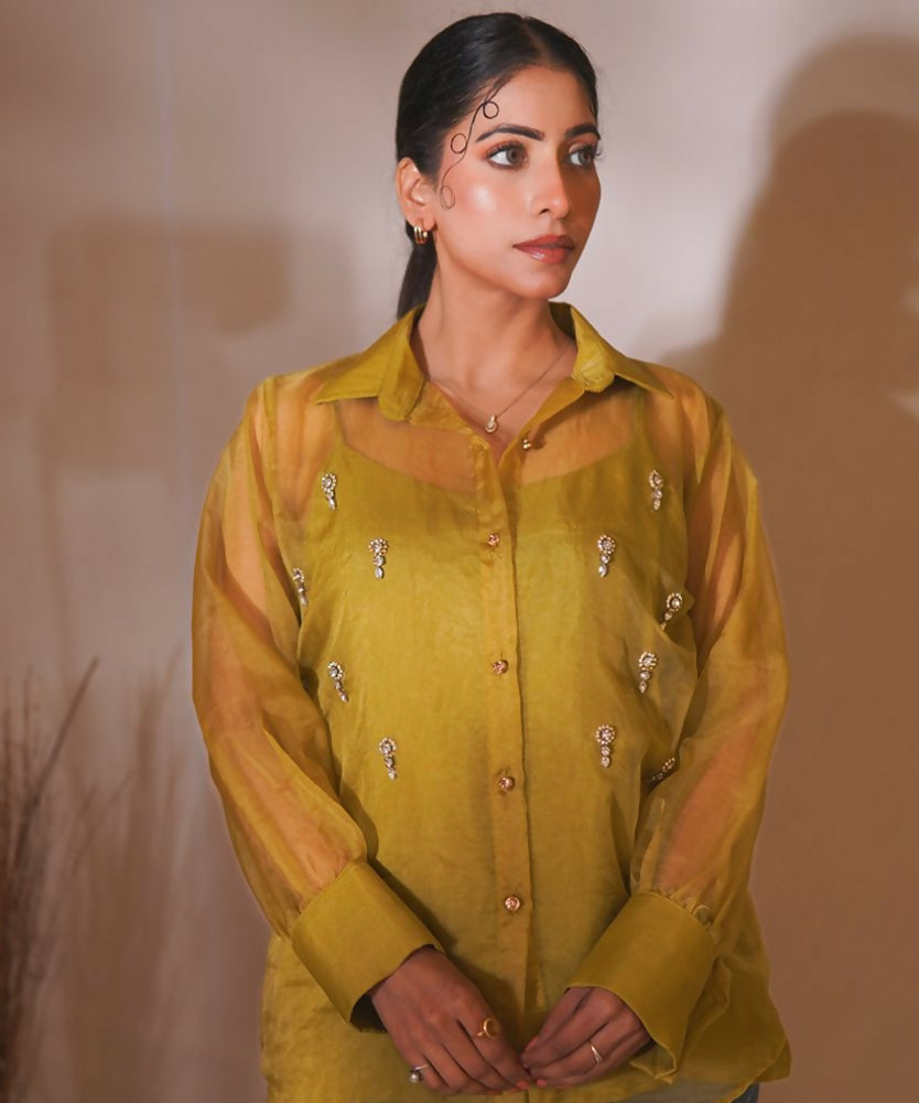 Timaraa Olive Glow Organza Hand-Embellished Shirt | Grocsy