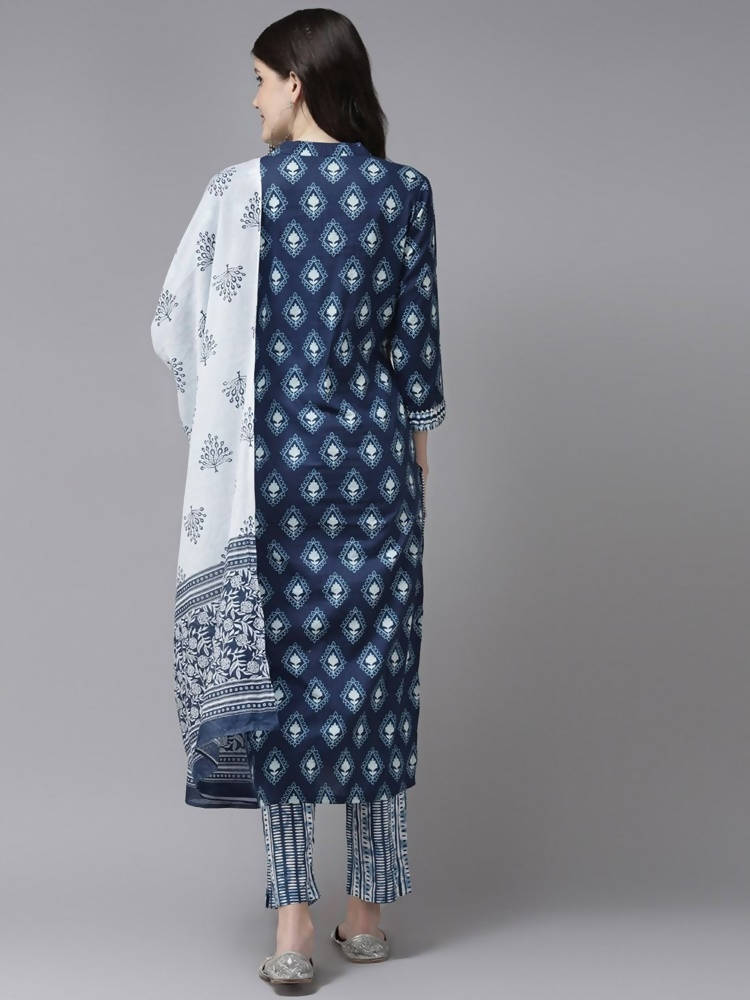 Yufta Women Blue & White Printed Pure Cotton Kurta with Trouser & Dupatta | Grocsy