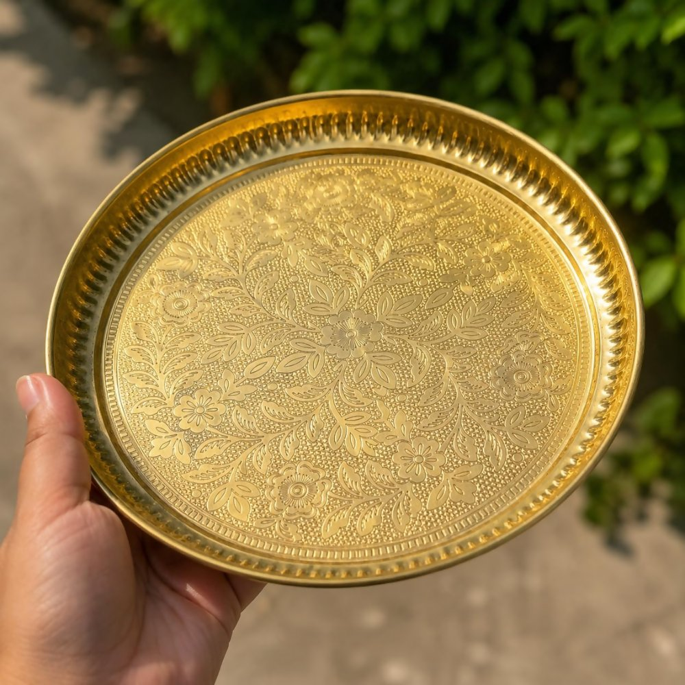 Pure Source India Handmade Flower Embossed Design Brass Puja Thali | Grocsy