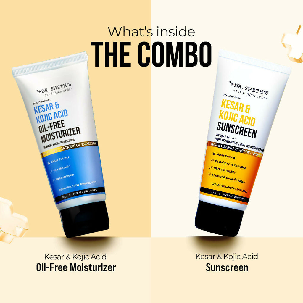 Dr. Sheth's Kesar & Kojic Acid Sunscreen & Oil-Free Moisturizer Combo - Hydrates & Fades Pigmentation | Grocsy