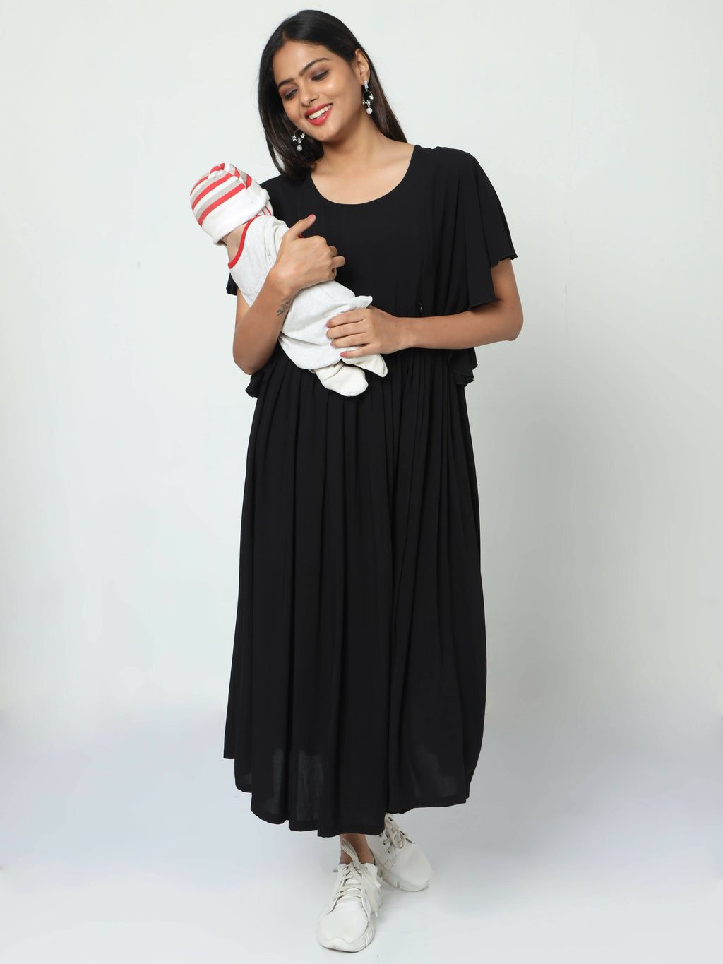 Manet Maternity Frill Slevee Solid Dress With Concealed Zipper Nursing Access - Black | Grocsy