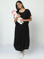 Manet Maternity Frill Slevee Solid Dress With Concealed Zipper Nursing Access - Black | Grocsy