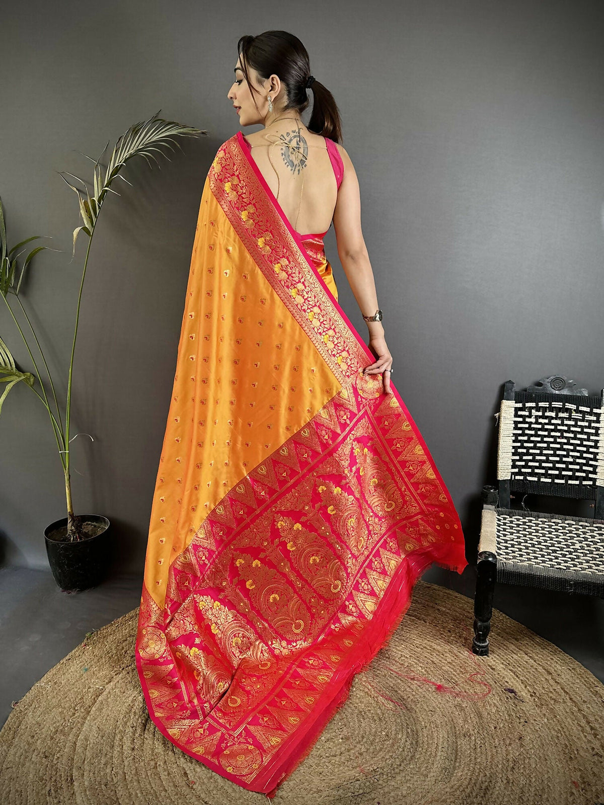 Joban Fashion Orange Intricate Motifs Soft Silk Banarasi Saree | Grocsy