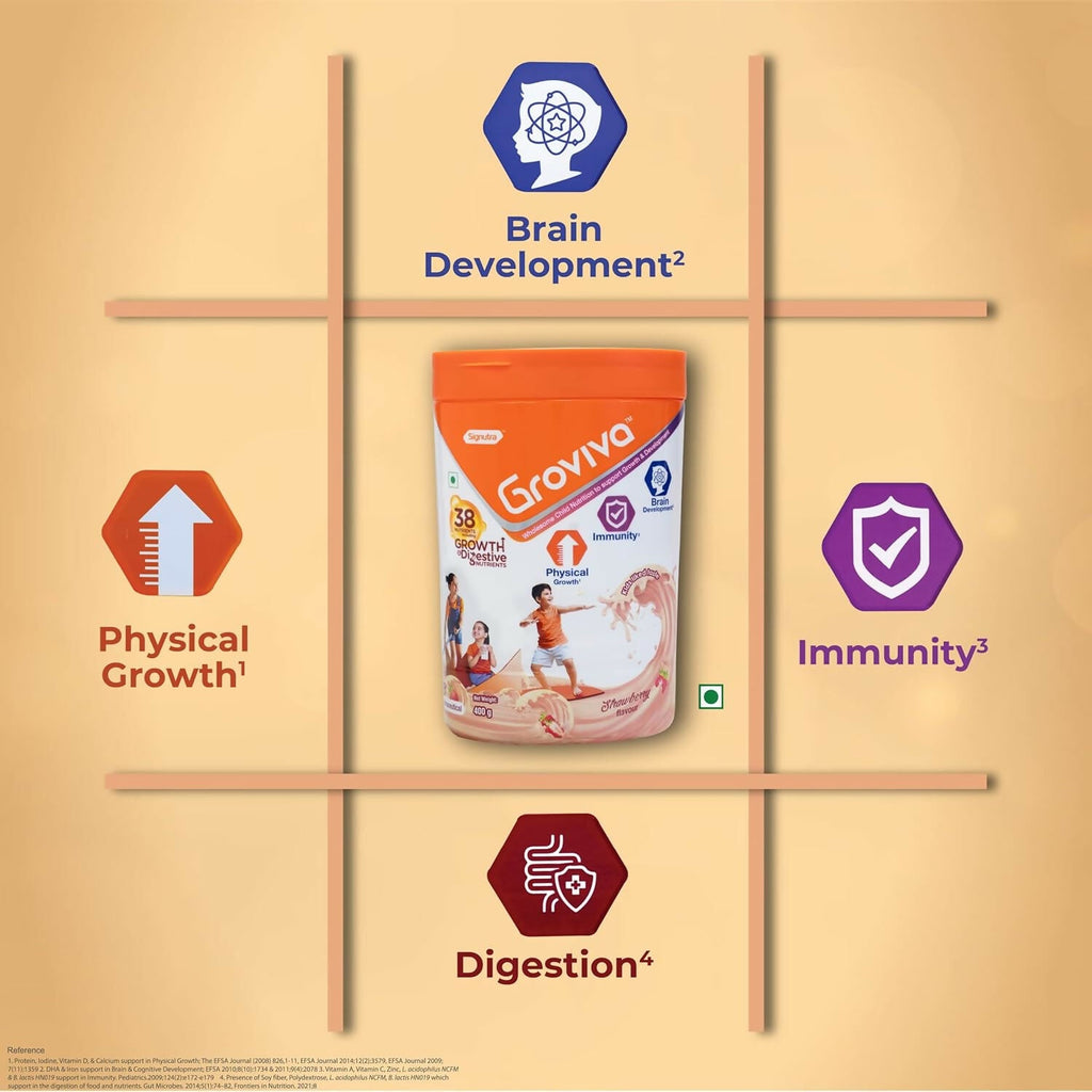 Groviva Customized Health & Nutrition Drink Powder For Kids - Strawberry Flavour | Grocsy