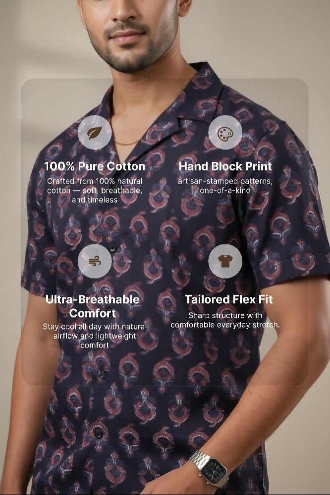 Paisley — Dark Blue Ajrakh Cotton Shirt by Hilo Design | Grocsy