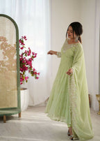Teeya Creation Pista Color Faux georgette Embroidery Work Wedding Wear Gown | Grocsy