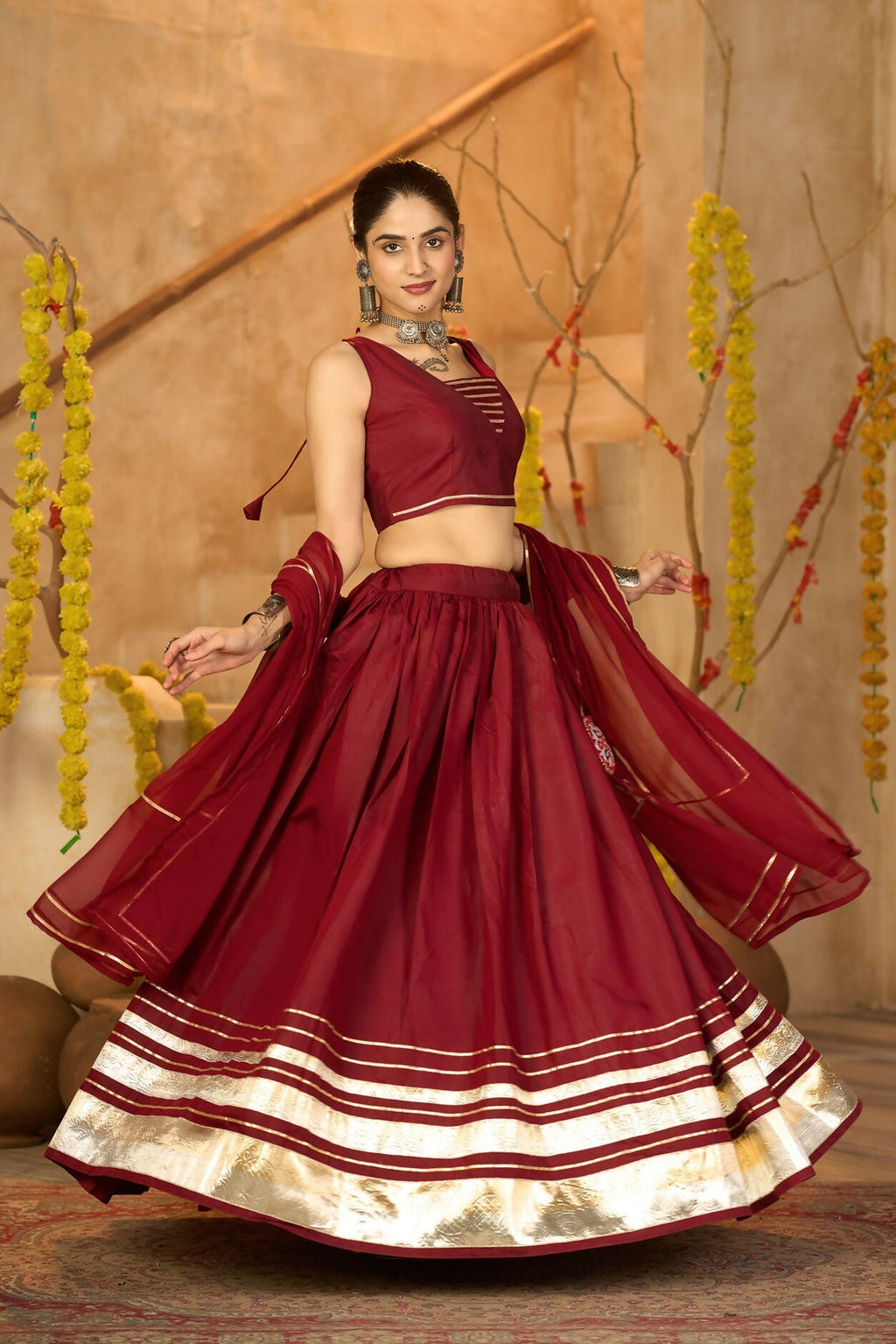 AI Fashion Maroon Silk Crepe Designer Navratri Wear Lehenga Choli Collection | Grocsy