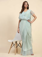 Light Blue Lycra Solid Ready to Wear Saree with stitched Blouse - Nita | Grocsy