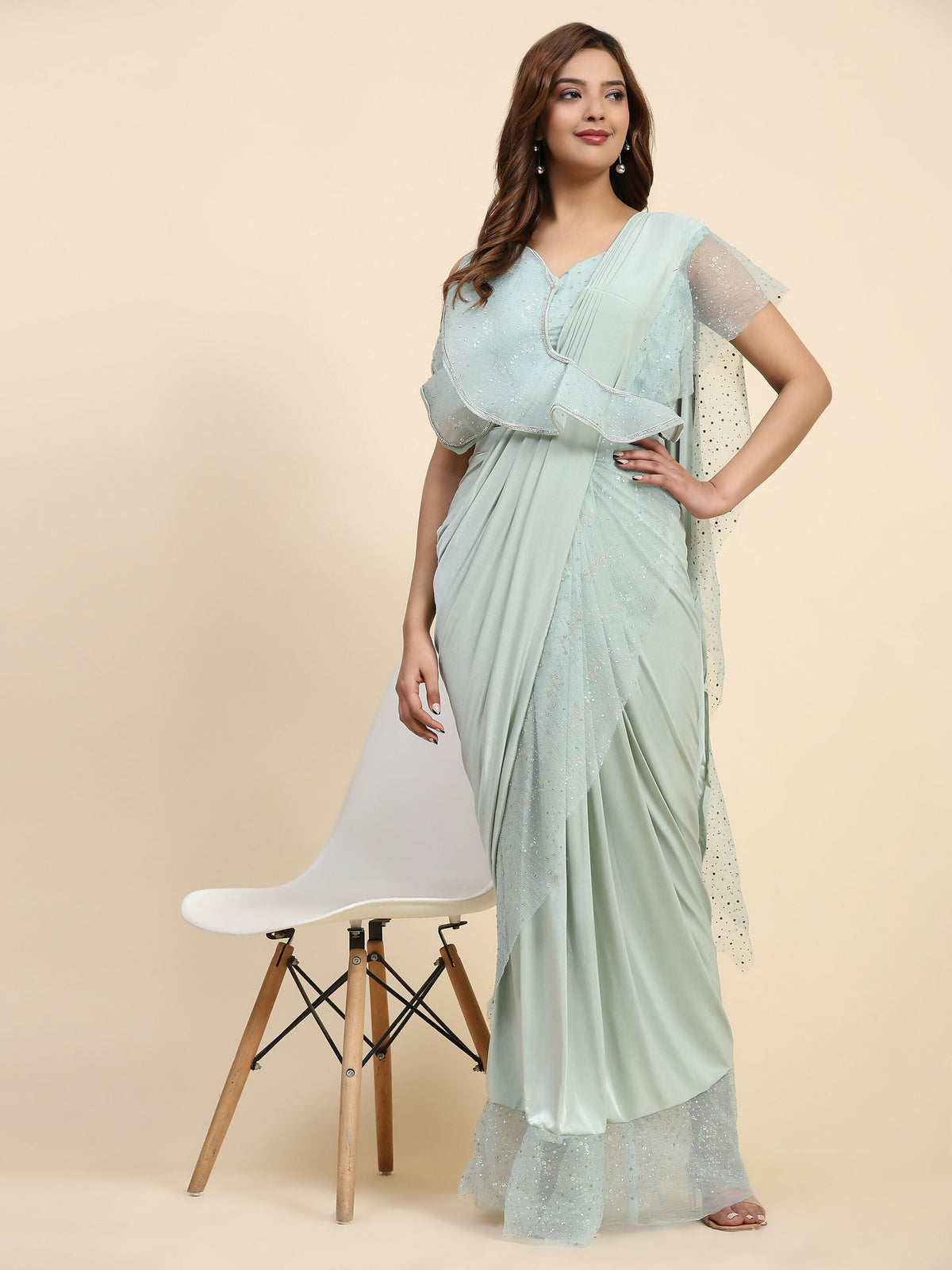 Light Blue Lycra Solid Ready to Wear Saree with stitched Blouse - Nita | Grocsy