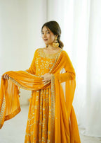 Teeya Creation Yellow Color Heavy Faux Georgette Embroidery Work Gown | Grocsy