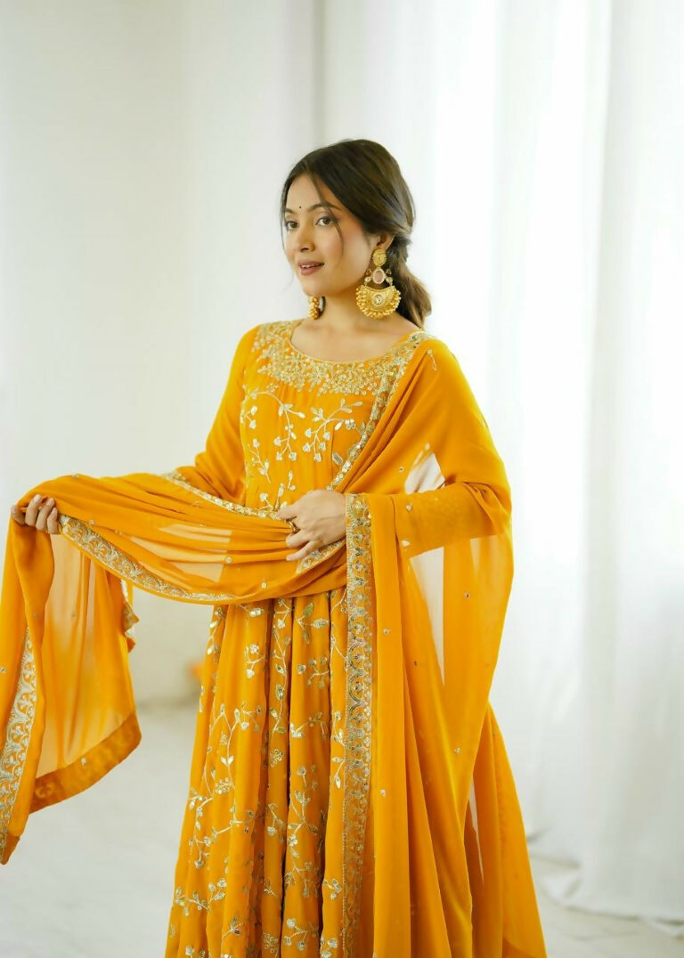 Teeya Creation Yellow Color Heavy Faux Georgette Embroidery Work Gown | Grocsy