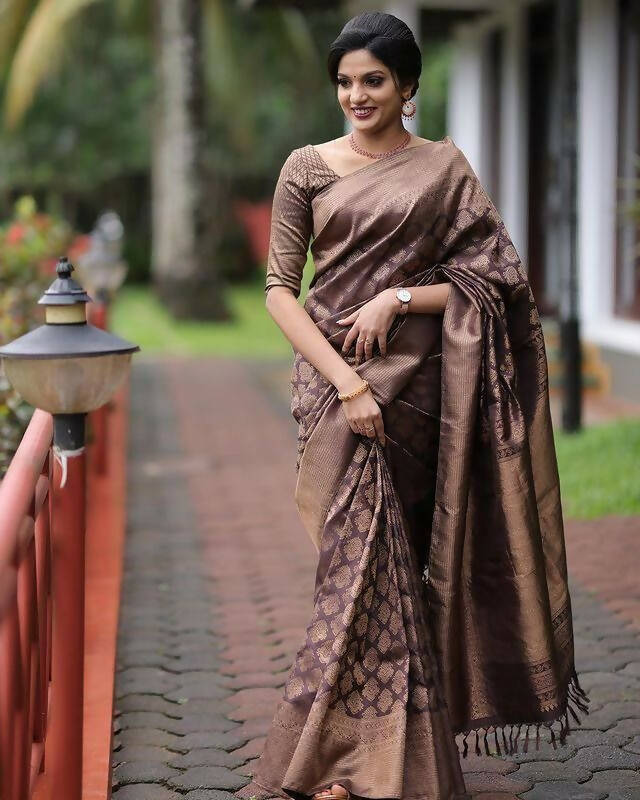 DEIANA'S Beautiful Designer Golden zari Soft Lichi Silk Saree - Brown | Grocsy
