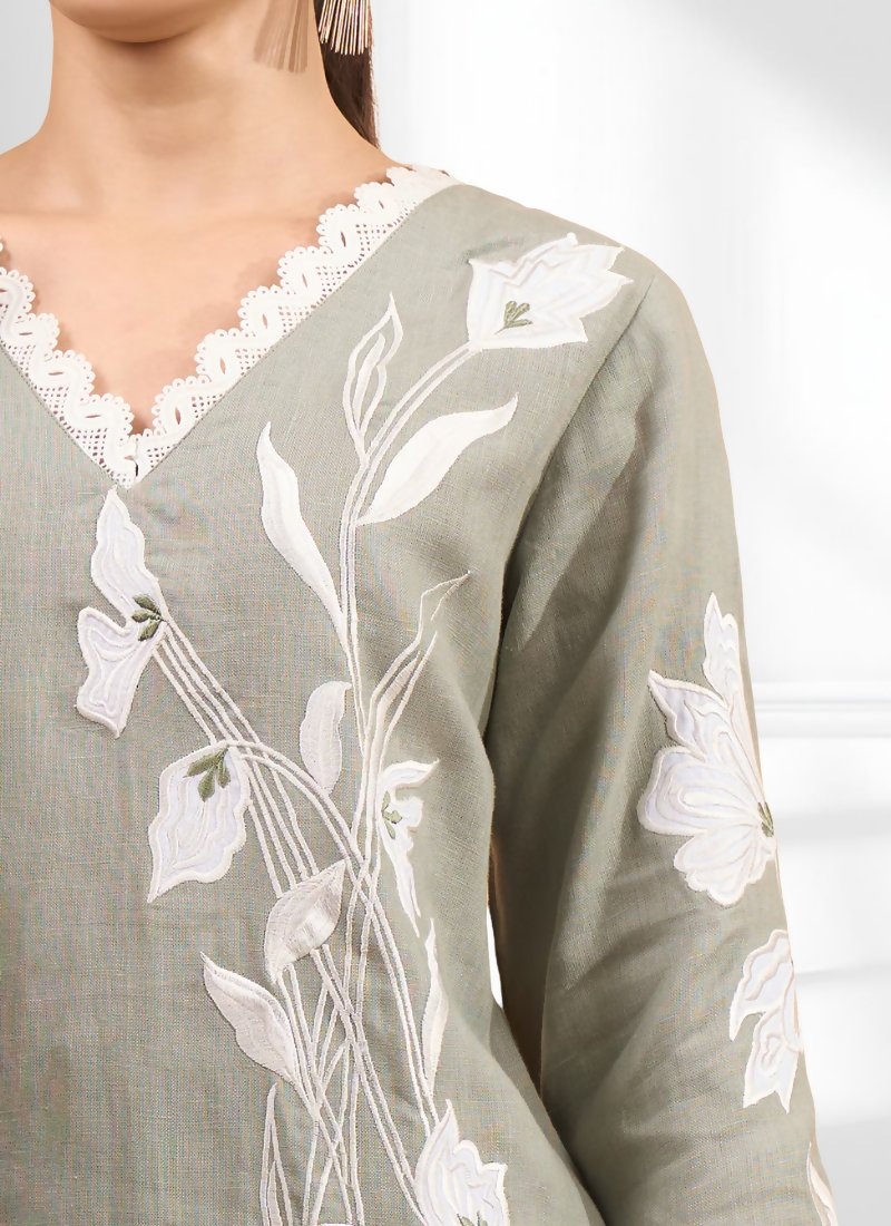 Joban Fashion Gray Linen Embroidered Readymade Long Kurta With Pant | Grocsy
