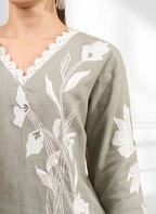 Joban Fashion Gray Linen Embroidered Readymade Long Kurta With Pant | Grocsy