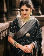 DEIANA'S Beautiful Designer Golden zari Soft Lichi Silk Saree - Black | Grocsy