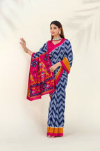 Vastranavya Blue Tussar Silk Zigzag Waves Printed Saree with Unstitched Blouse | Grocsy