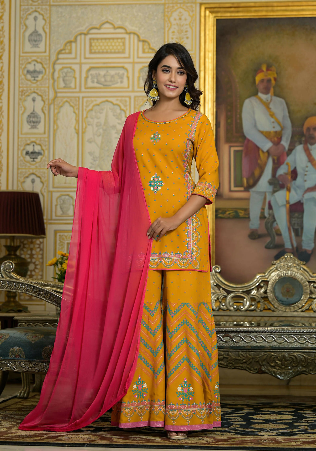 Juniper Women's Mustard Ethnic Motif Printed Liva Rayon Tunic Sharara And Dupatta Set With Sequins & Gota Patti Work | Grocsy