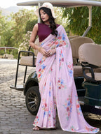 Vastranavya Baby Pink Weightless Marble Printed & Pearl Lace Border Saree with Unstitched Blouse | Grocsy