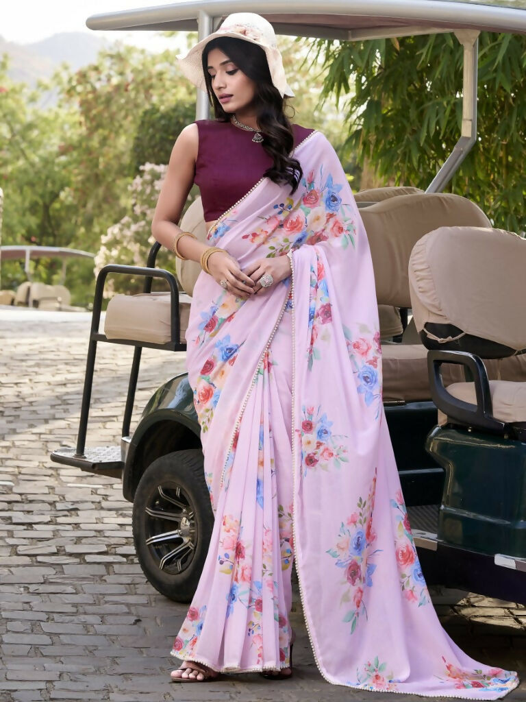 Vastranavya Baby Pink Weightless Marble Printed & Pearl Lace Border Saree with Unstitched Blouse | Grocsy