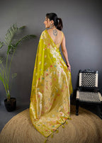 Elora Lime Green Soft Silk Floral Zari Weaving Meenakari Saree With Floral Border | Grocsy