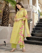 The52 Lemons Women's Beautiful Chanderi Fabric Printed Work Straight Kurta Pant and Dupatta Set | Grocsy