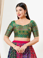 Joban Fashion Green Multi Brocade Padded Blouse With Sweetheart Neck Elbow Sleeves | Grocsy