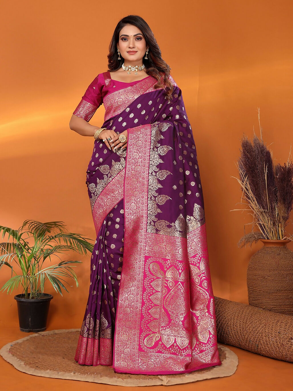 Joban Fashion Banarasi Purple Woven Soft Silk Saree | Grocsy