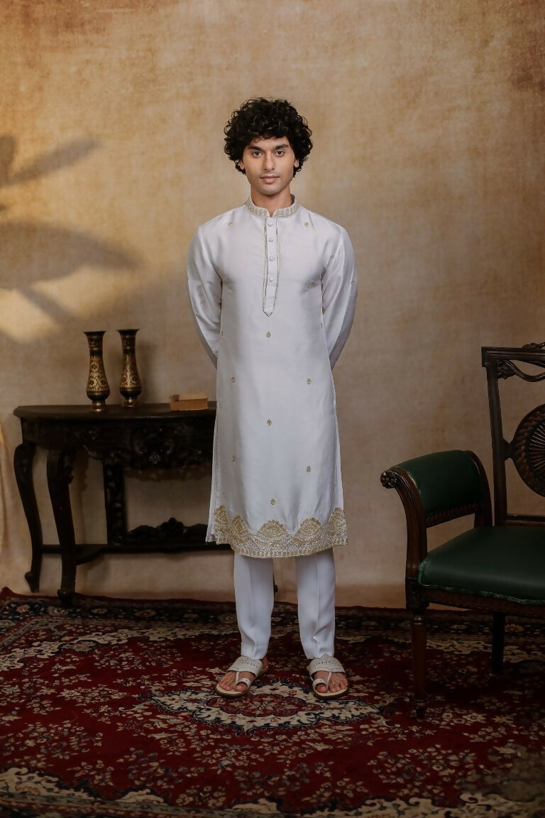 Falling Raw Silk White Mandala Kurta Set By Hilo Design | Grocsy