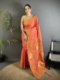 Joban Fashion Orange Motifs Zari Weaving Soft Silk Banarasi Saree | Grocsy