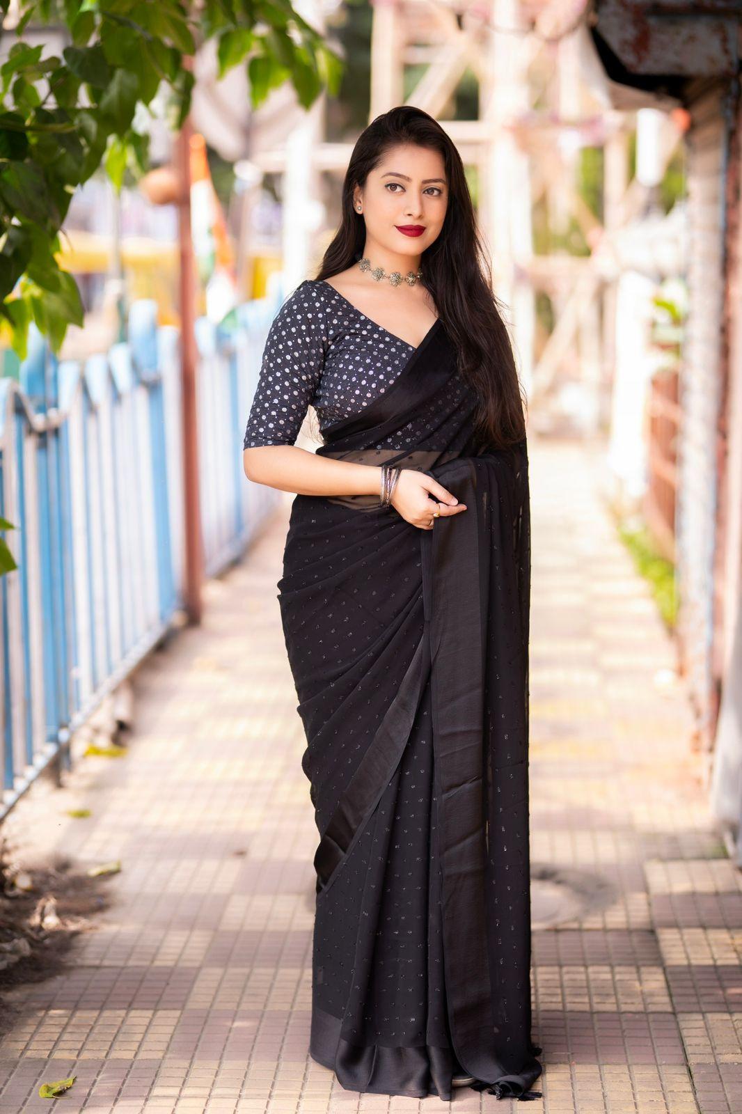 Black Poly Chiffon Woven Design Saree with Unstitched Blouse - A2M | Grocsy