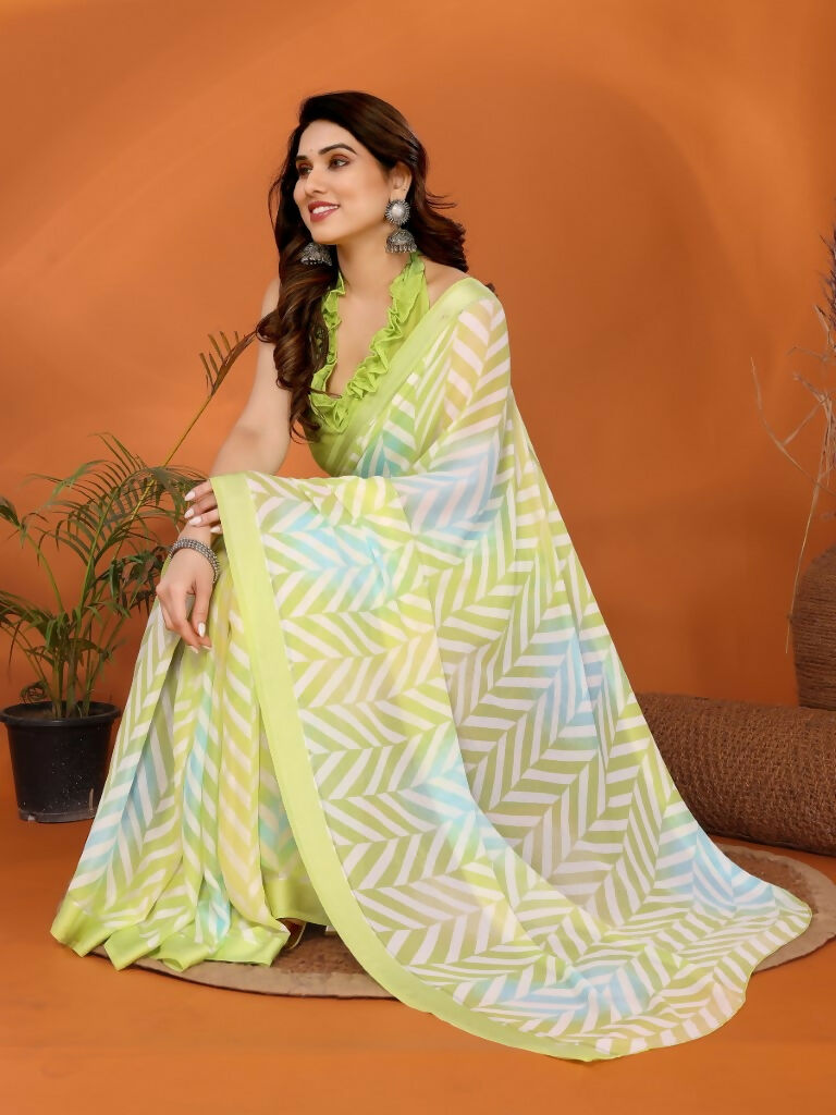 Partywear Designer Bright Moss Satin Patta lemon Fancy Saree - Durga | Grocsy