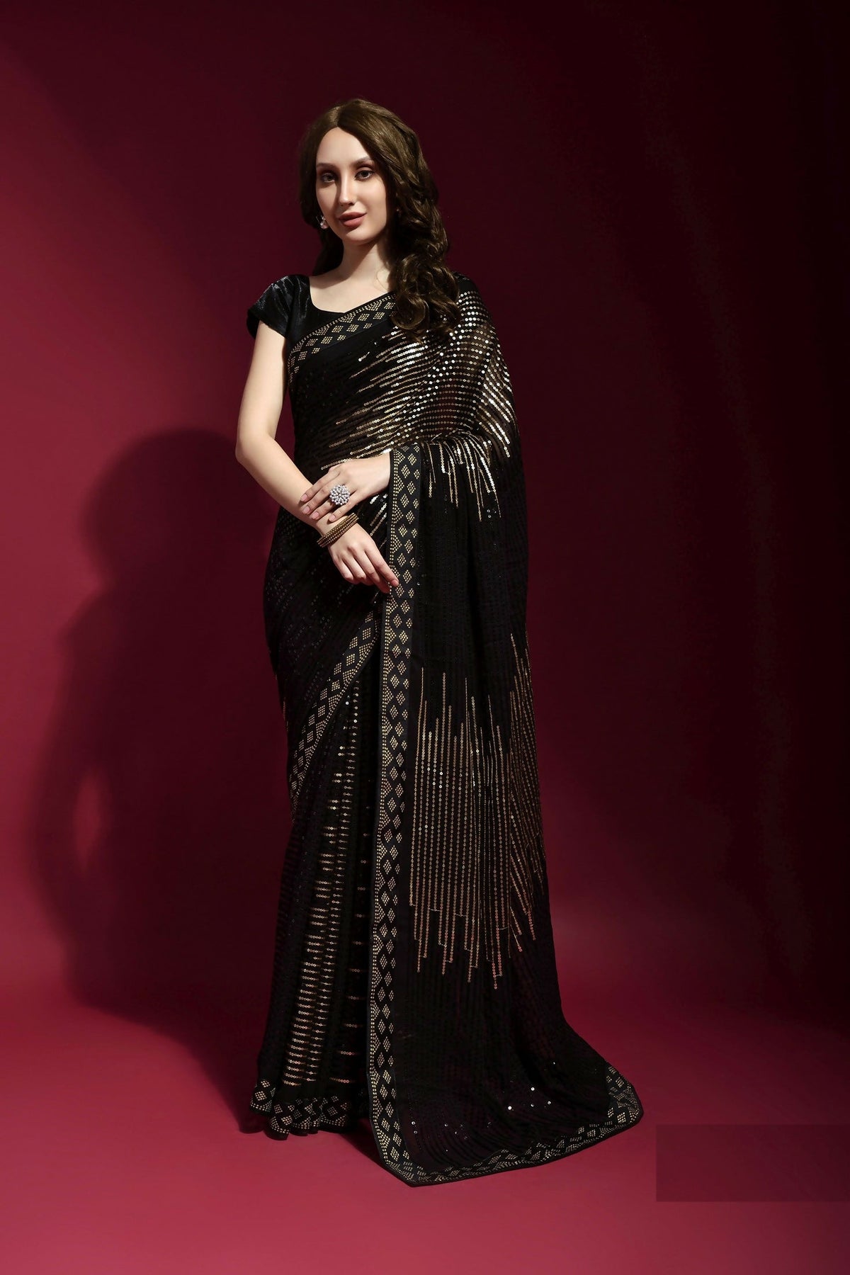 Vegaa Fashion Black Georgette Embroidered Party Wear Saree | Grocsy