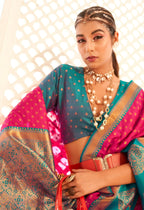 Pink Soft Banarasi Paithani Copper Zari Weaving Saree With Unstitched Blouse Piece - Jodha | Grocsy