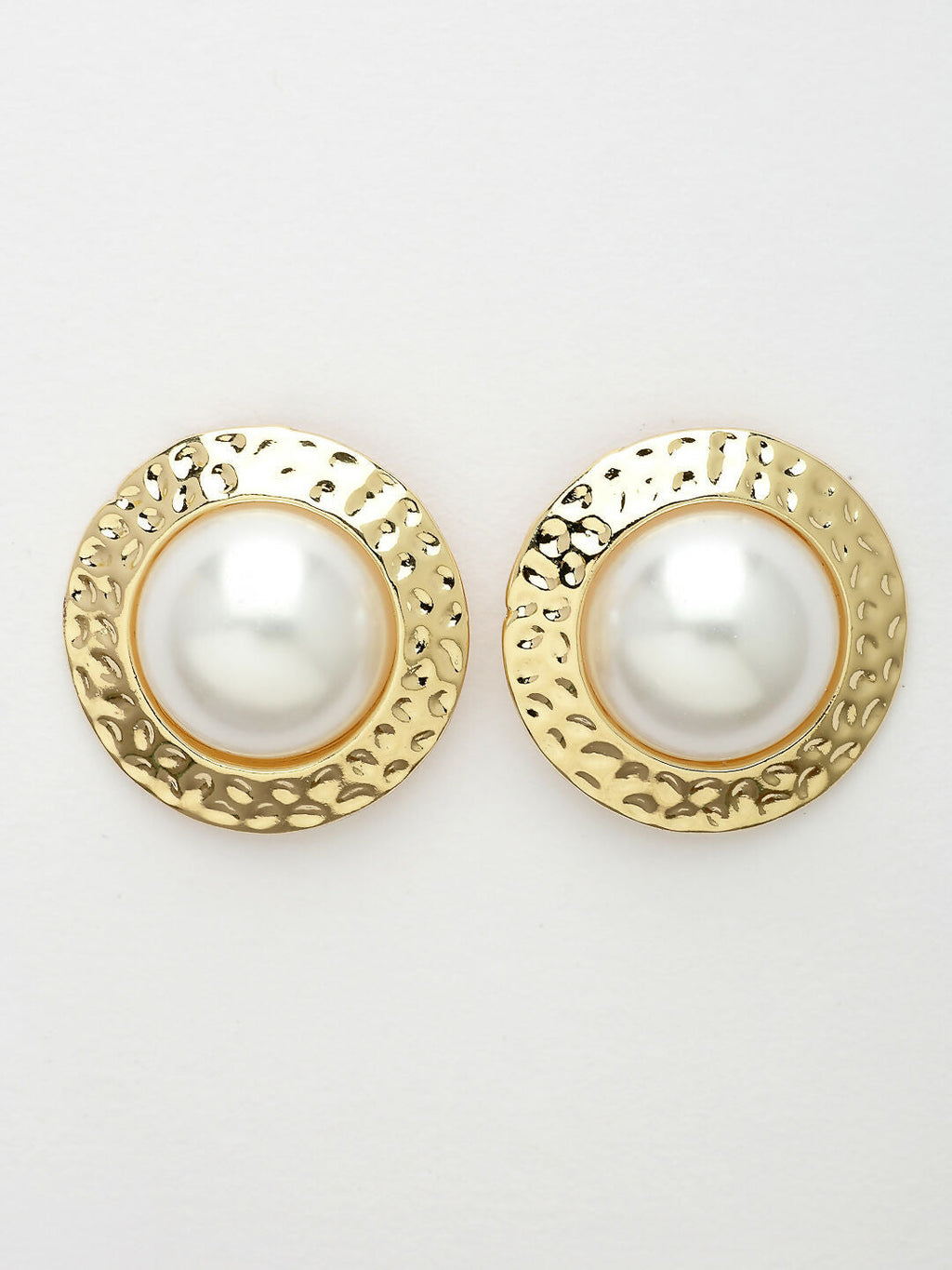 NVR Women's Gold-Polished White Pearl Circular Shape Studs Earring