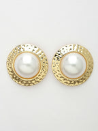 NVR Women's Gold-Polished White Pearl Circular Shape Studs Earring