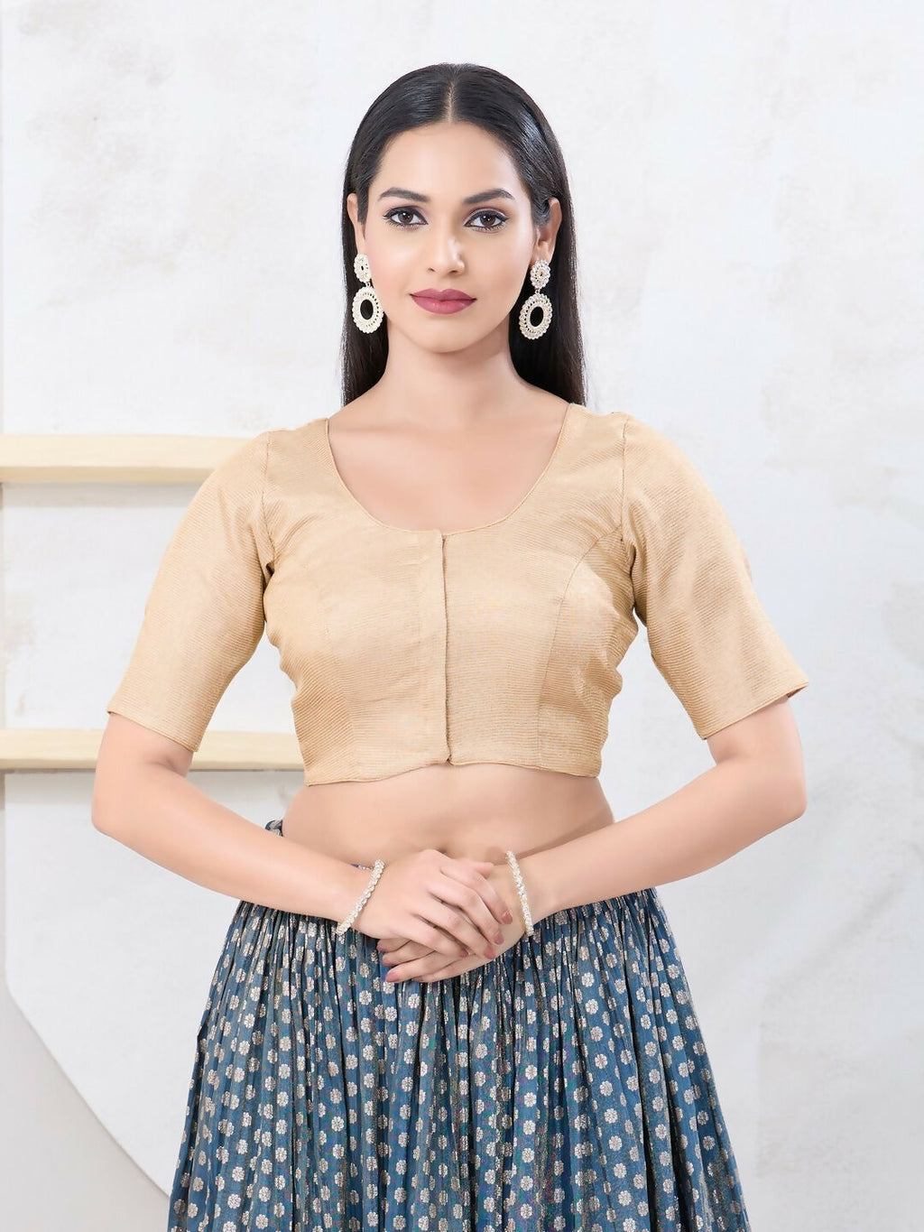 Joban Fashion Light-Gold Tissue Elbow Sleeveless Front Open Blouse | Grocsy