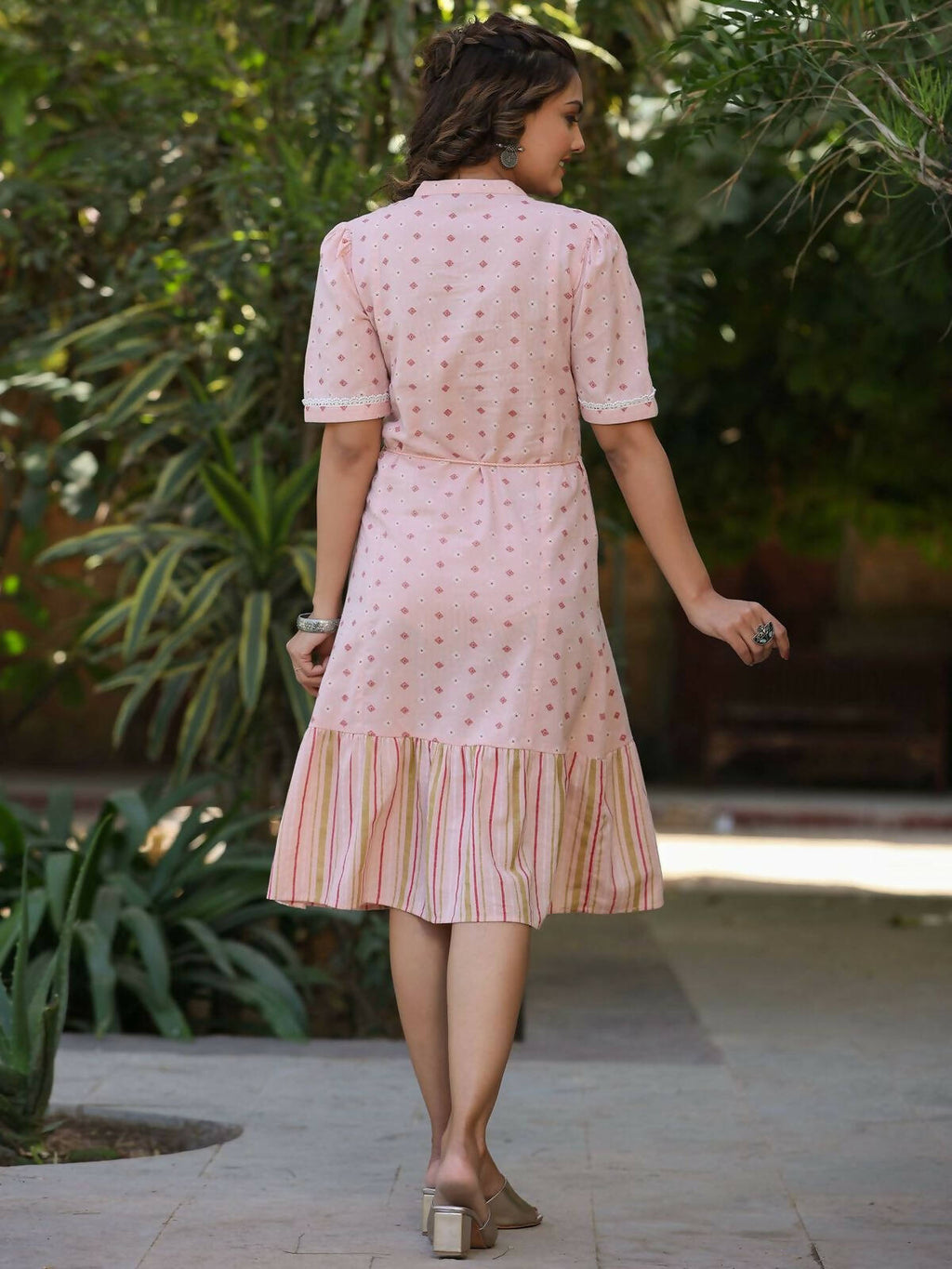 Juniper Women's Pink Cotton Printed Embroidered Flared Dress | Grocsy