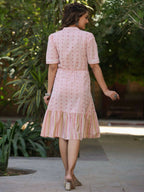 Juniper Women's Pink Cotton Printed Embroidered Flared Dress | Grocsy