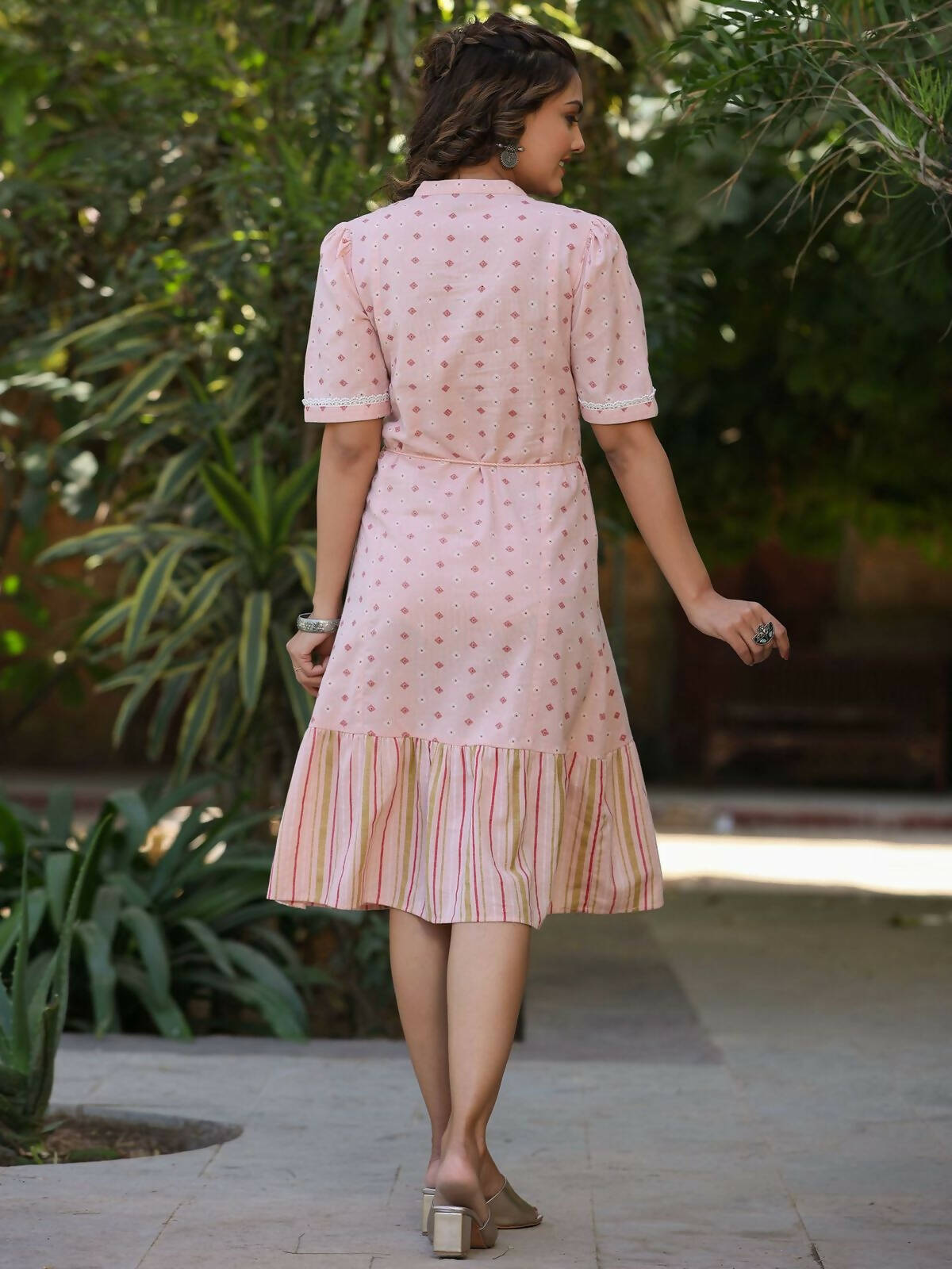 Juniper Women's Pink Cotton Printed Embroidered Flared Dress | Grocsy