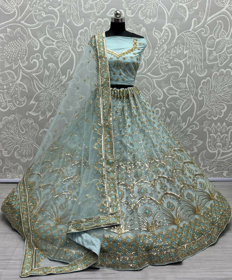 Jyoti Fashion Women's Sky Blue Bridal Net Fancy Sequins with Multi Thread Embroidered & Handwork Wedding Lehenga Choli | Grocsy
