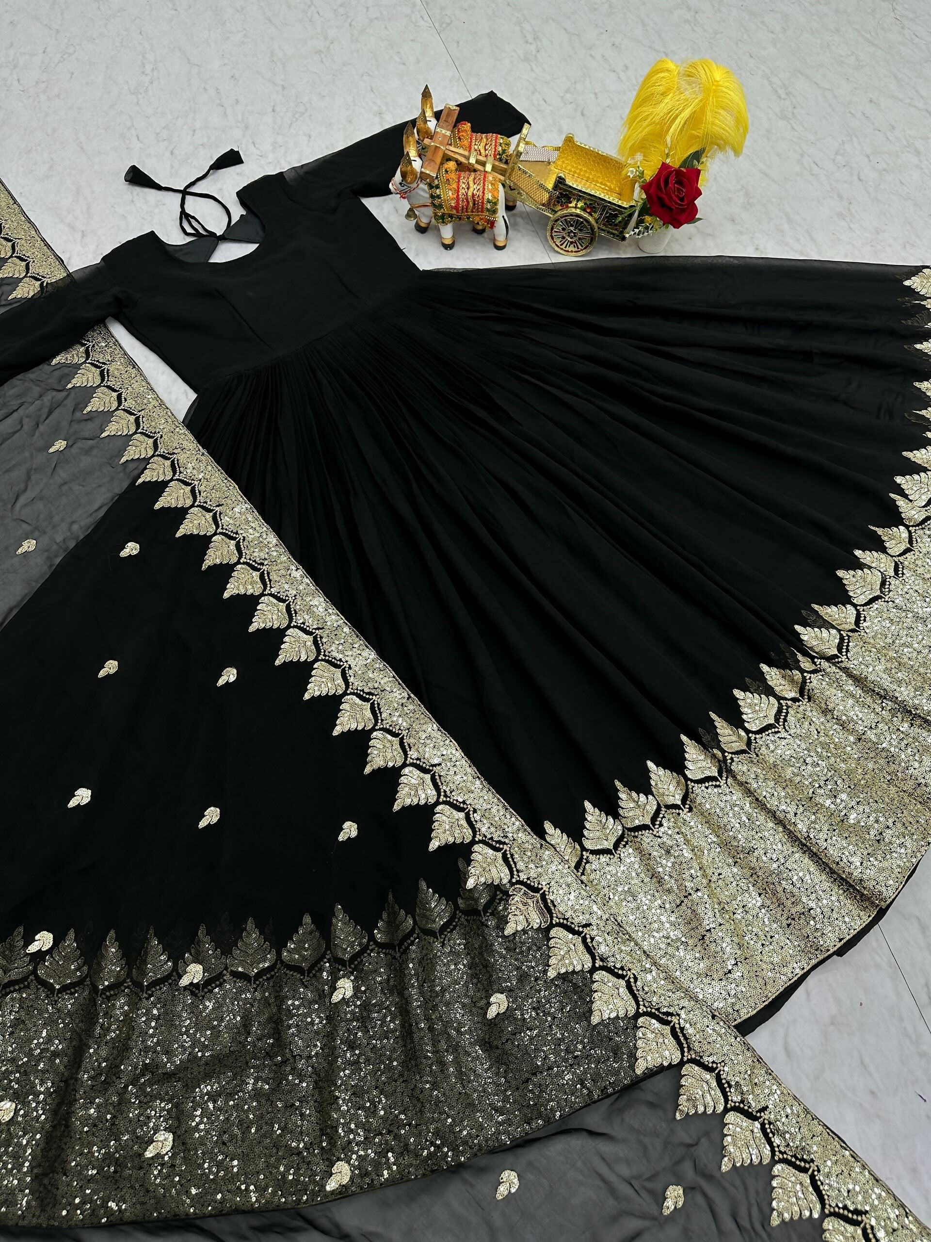 Teeya Creation Womens New Stylish Heavy Sequence Embroidery Work Black Gown Set | Grocsy