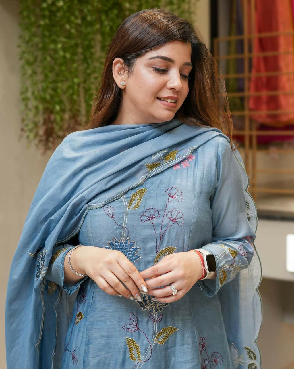 The52 Blue Women's Beautiful Cotton Fabric Thread Work Straight Kurta, Pant and Dupatta Set | Grocsy