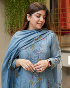 The52 Blue Women's Beautiful Cotton Fabric Thread Work Straight Kurta, Pant and Dupatta Set | Grocsy