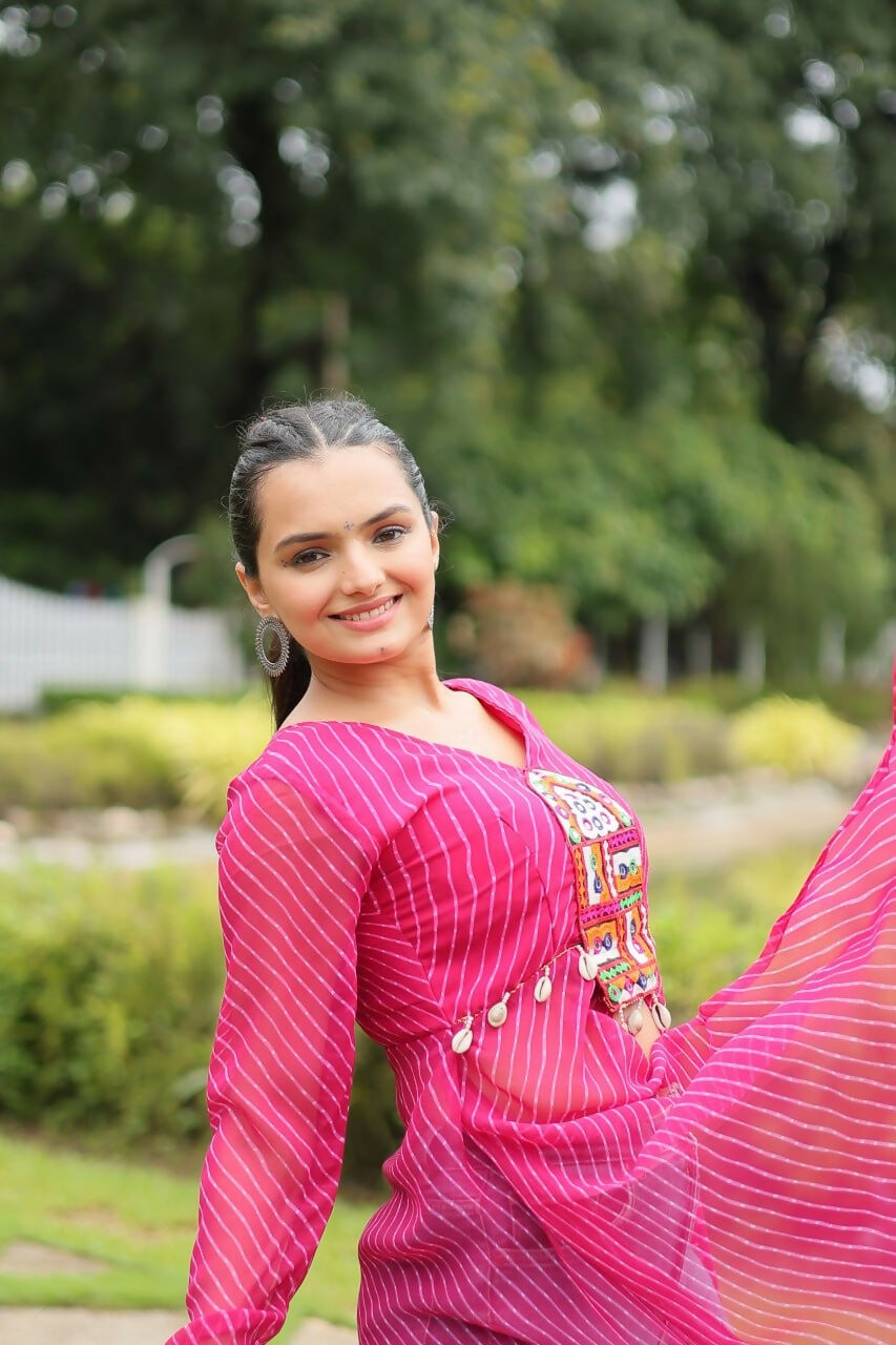 Vastranavya Pink Navratri Special Kutchi Patch Work with Leheriya Printed Kurti | Grocsy