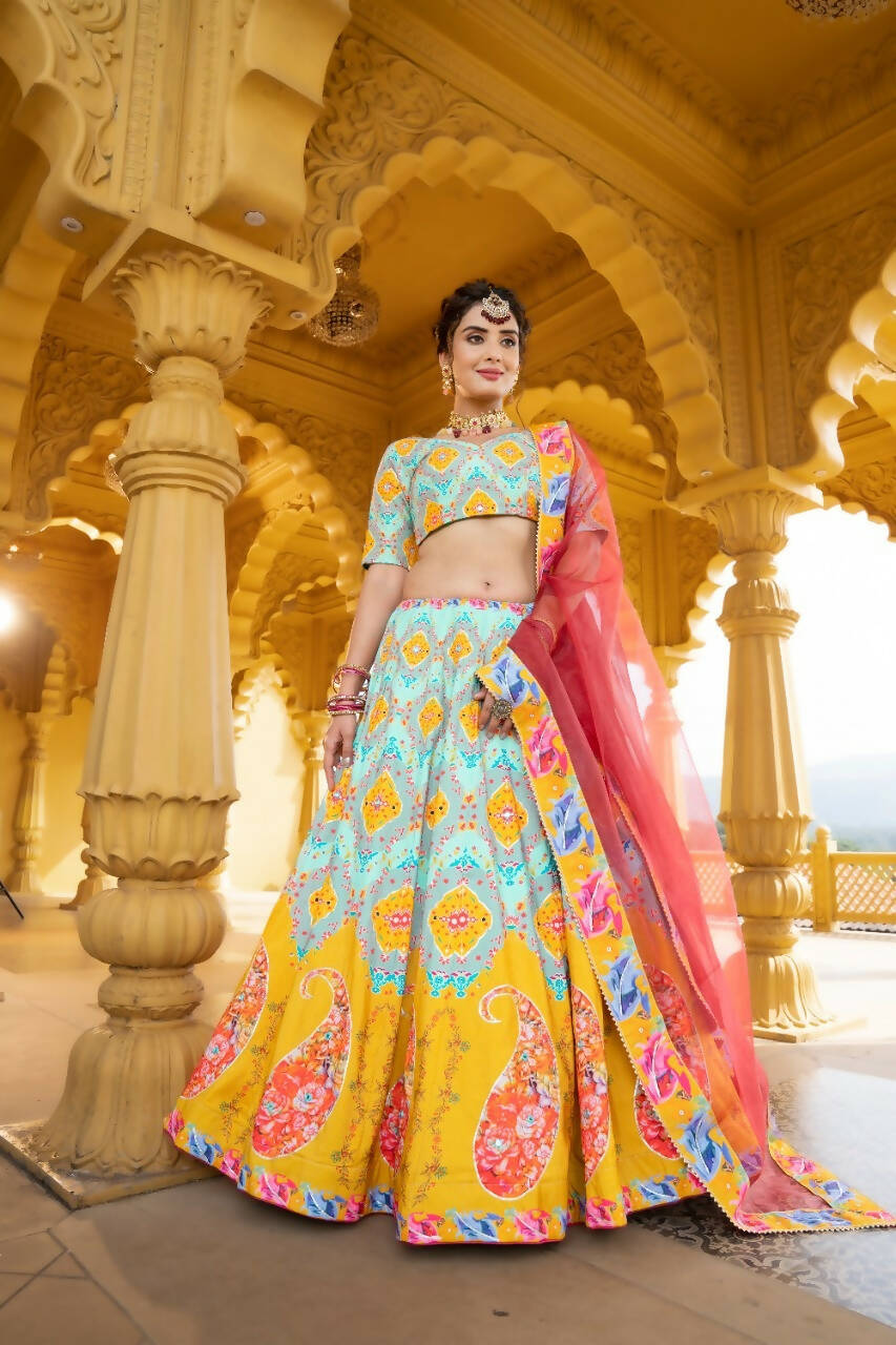 Designer Sky Blue Lehenga Choli for Women, Printed and Mirror Work Lehengas Set by Infinity Export | Grocsy