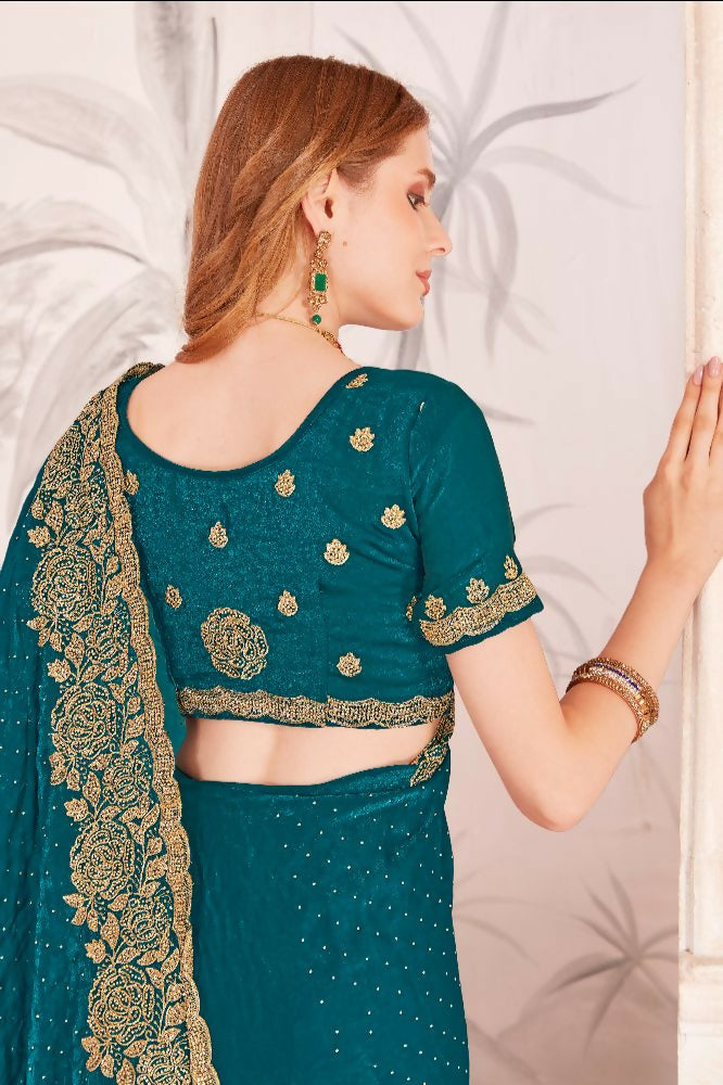 PR Fashion Morpeach Fendi Two Tone Silk Heavy Zari & Resham Embroidery Work With Heavy Zircon Work Saree | Grocsy